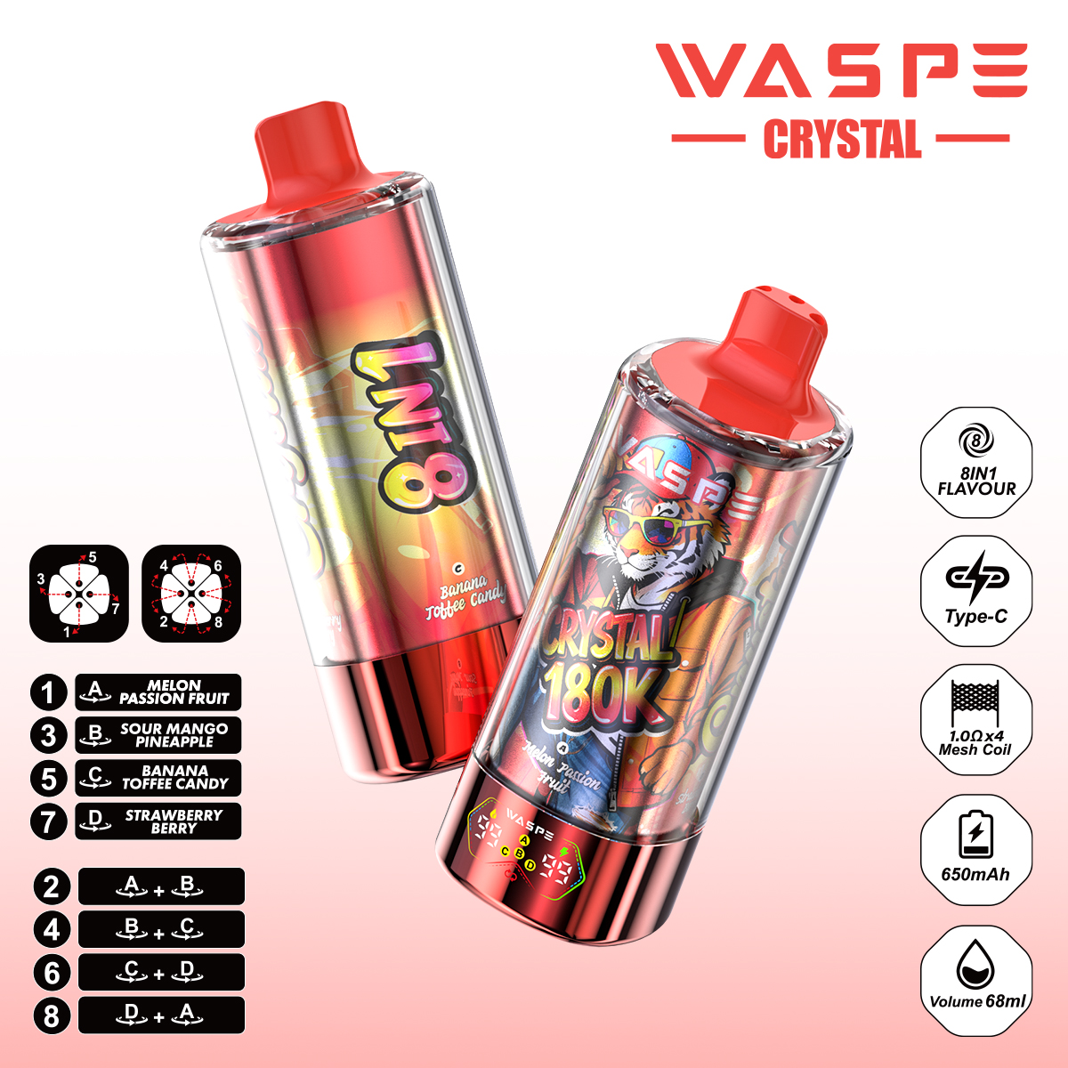 WASPE Crystal 180K | 8-in-1 flavor switch, 180000 puffs, LED display, bulk disposable vape - Image 6
