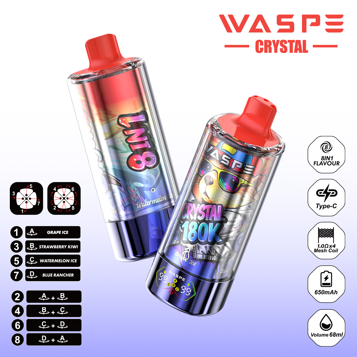 WASPE Crystal 180K | 8-in-1 flavor switch, 180000 puffs, LED display, bulk disposable vape - Image 5