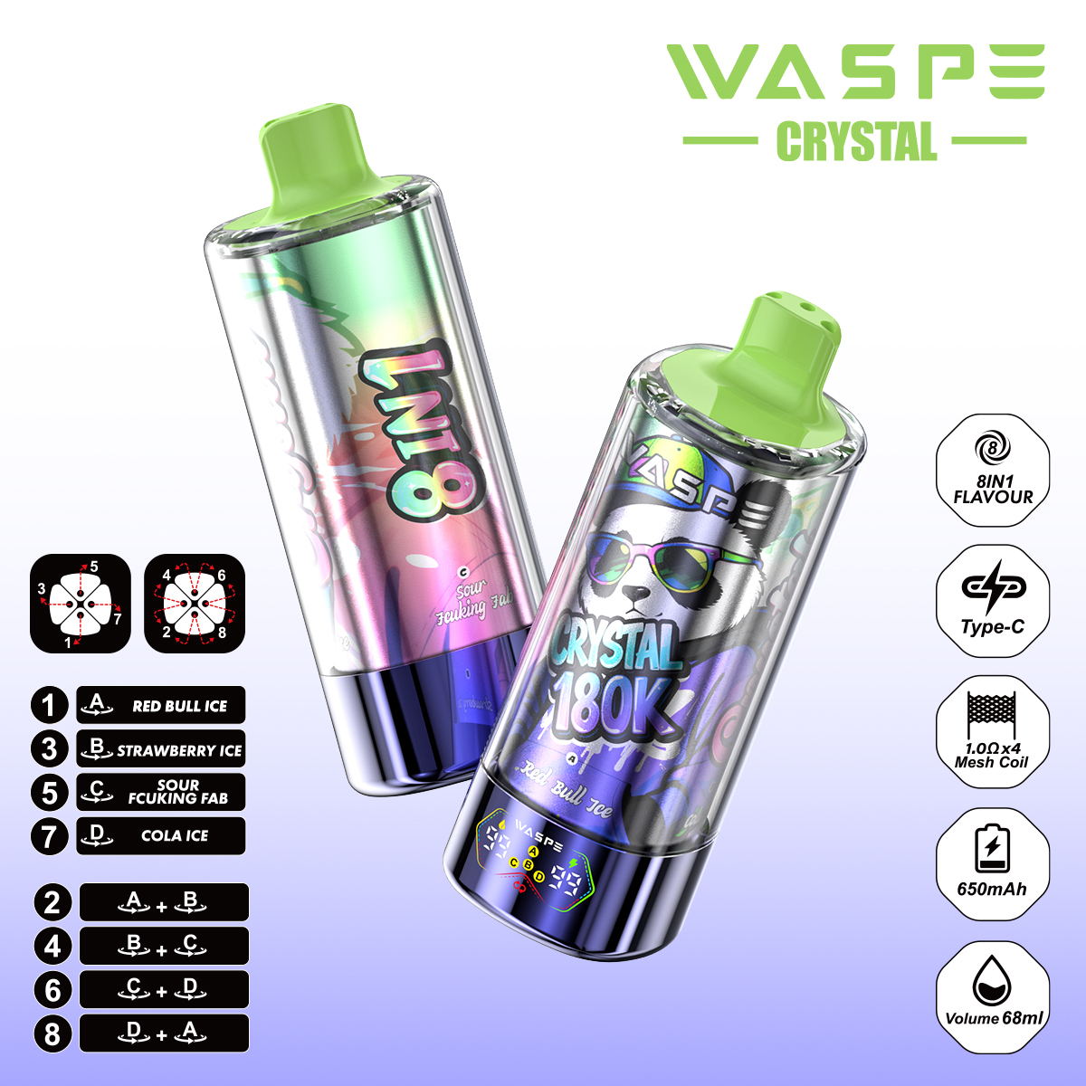 WASPE Crystal 180K | 8-in-1 flavor switch, 180000 puffs, LED display, bulk disposable vape - Image 4