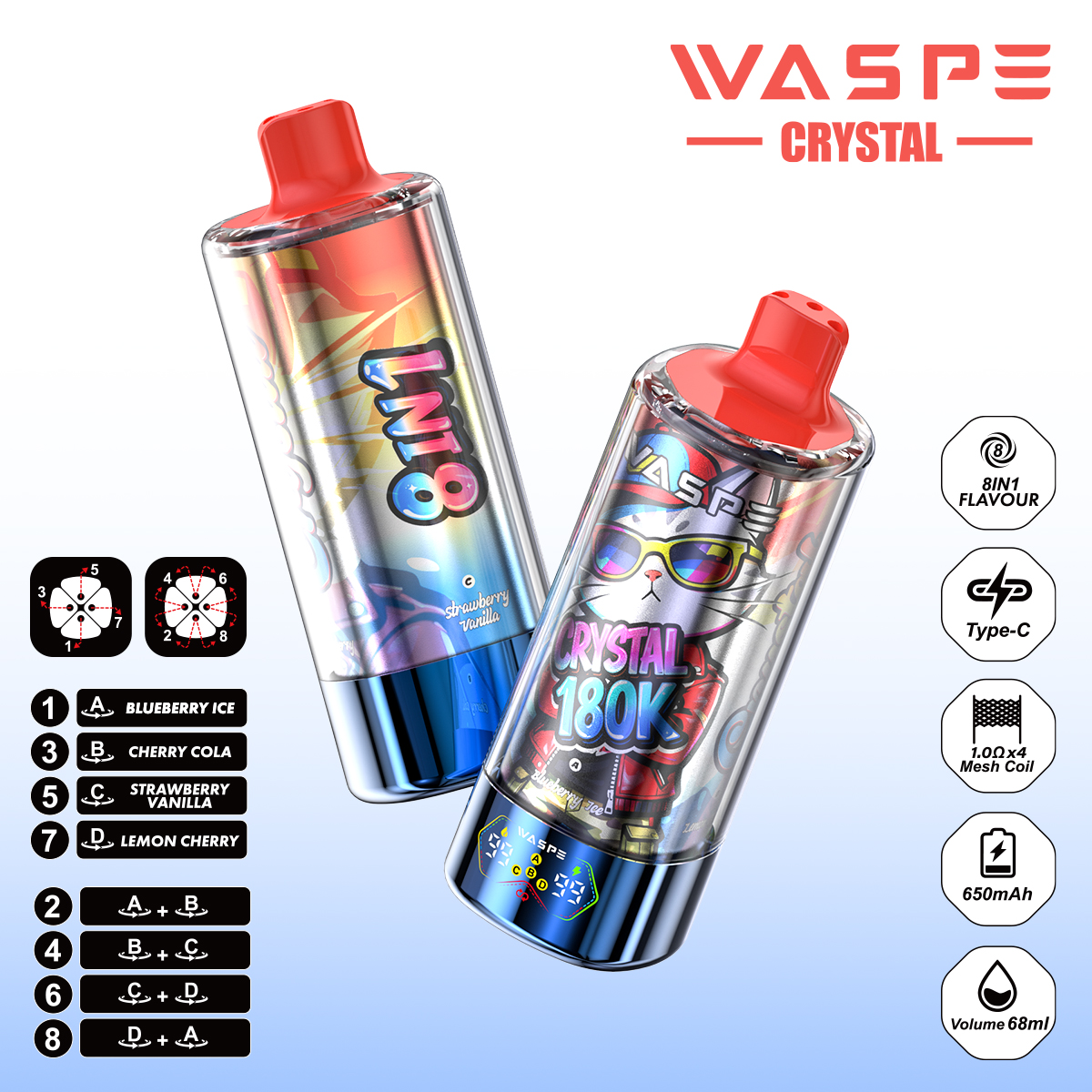 WASPE Crystal 180K | 8-in-1 flavor switch, 180000 puffs, LED display, bulk disposable vape - Image 3