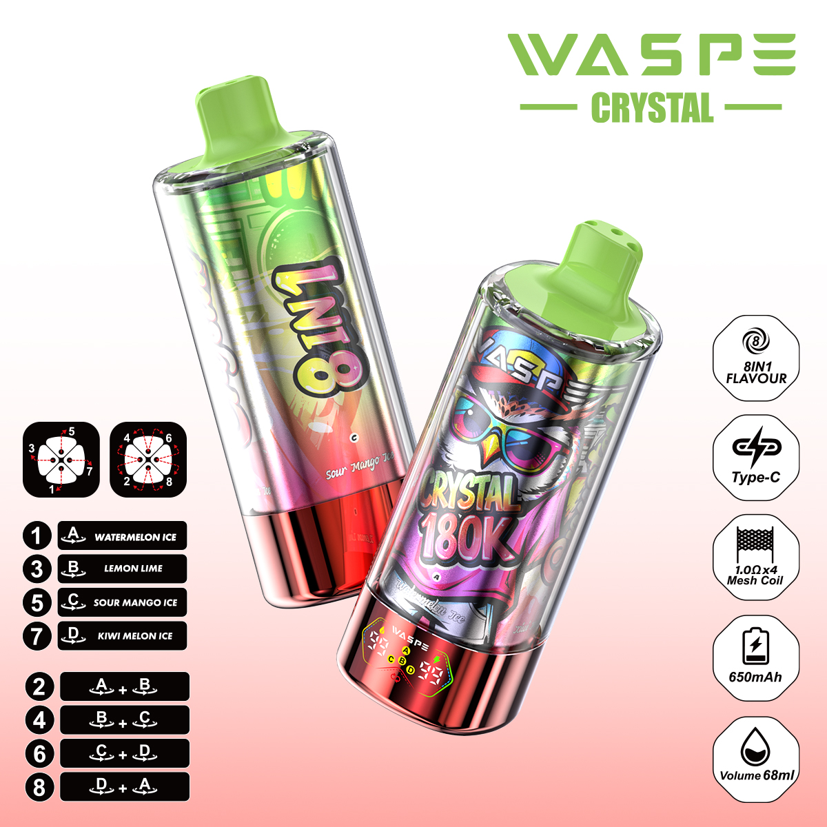 WASPE Crystal 180K | 8-in-1 flavor switch, 180000 puffs, LED display, bulk disposable vape - Image 2