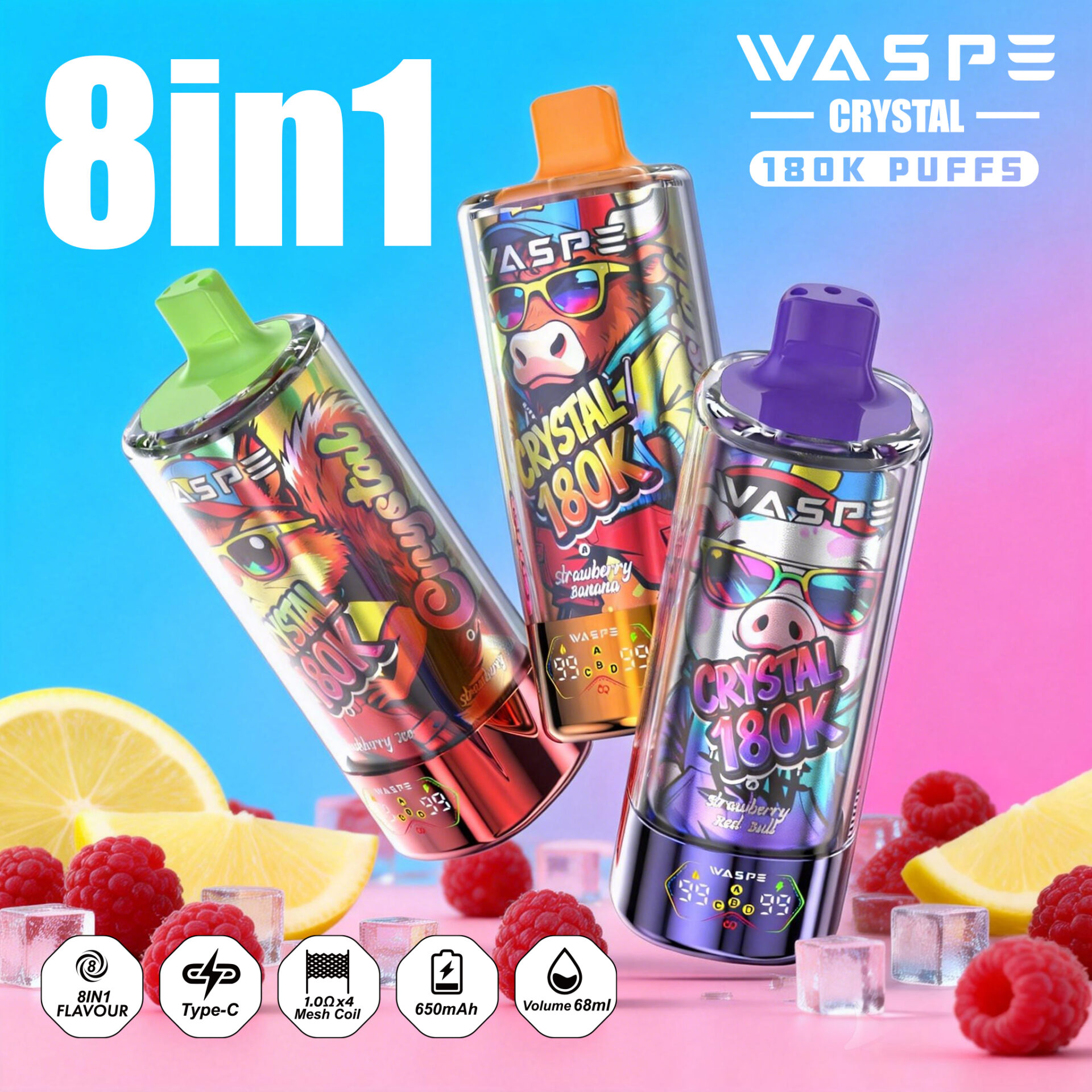 WASPE Crystal 180K | 8-in-1 flavor switch, 180000 puffs, LED display, bulk disposable vape