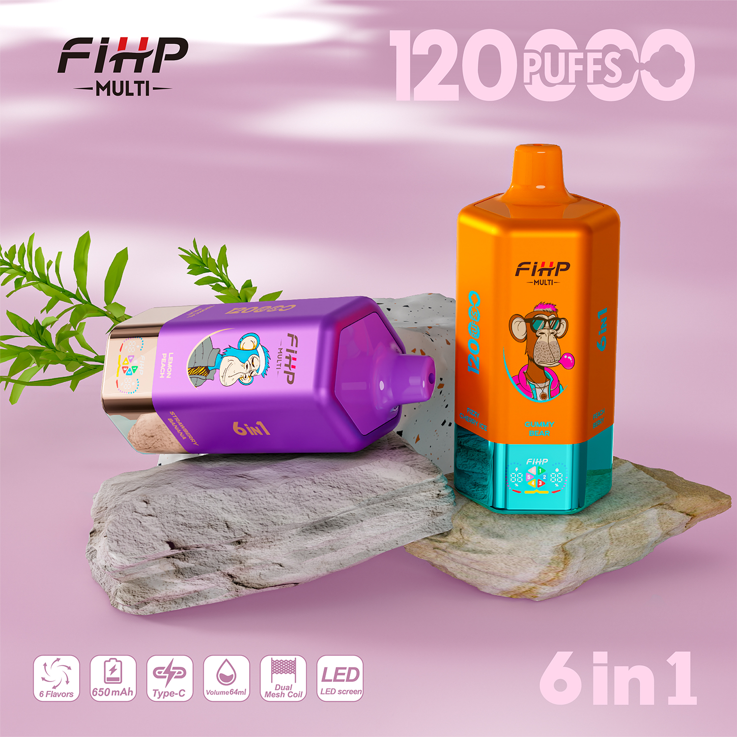 FIHP 120K | 120000 puffs, 64mL, 6-in-1, multi-flavor, LED screen, high puff count, bulk disposable vape