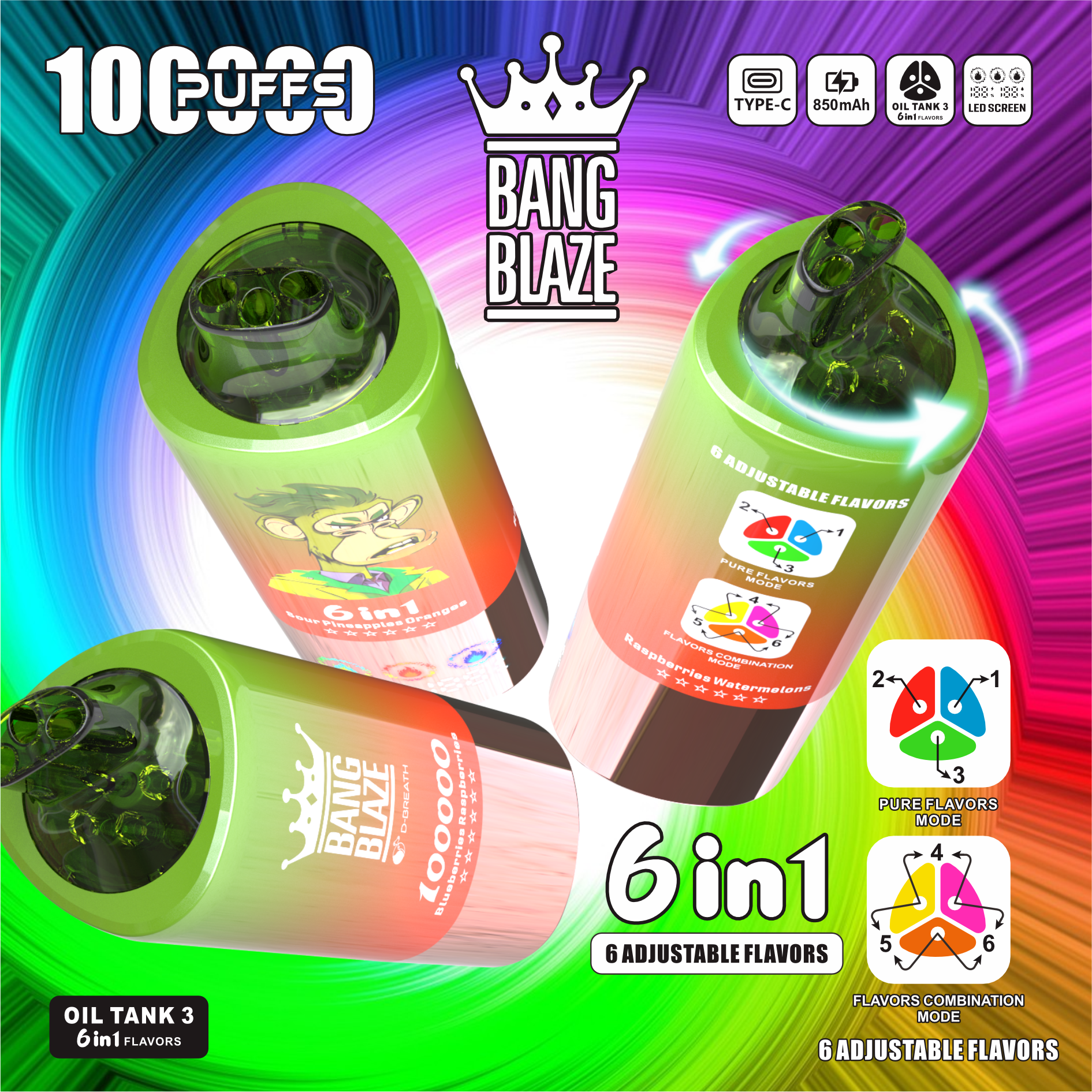 Bang Blaze 100K 6-in-1 100000 Puffs | triple tank bulk disposable vape with led screen - Image 8