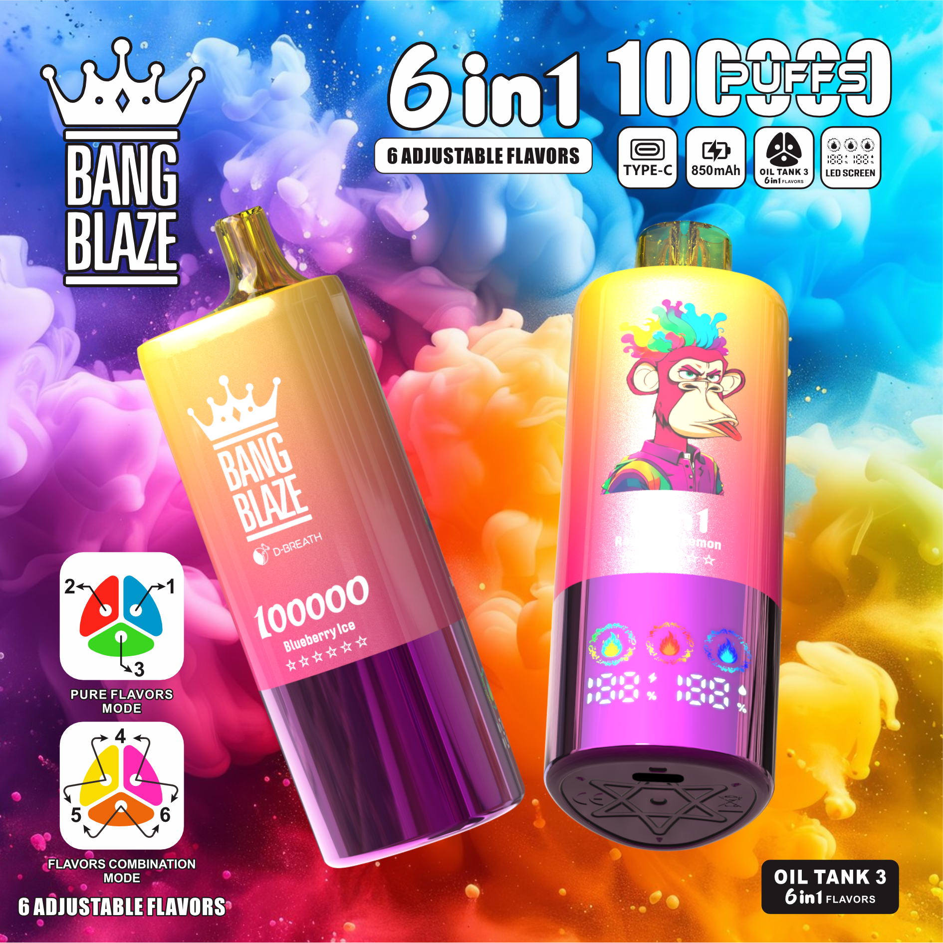 Bang Blaze 100K 6-in-1 100000 Puffs | triple tank bulk disposable vape with led screen