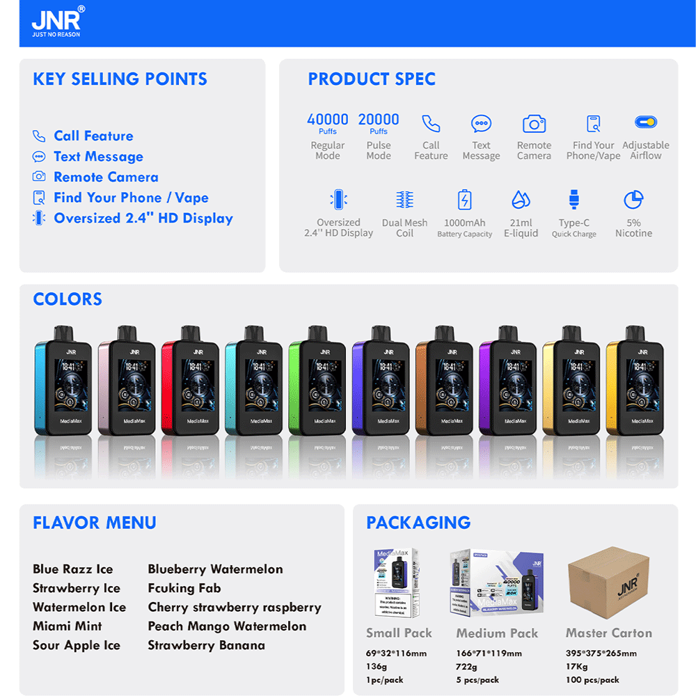 JNR Media Max 40000 Puffs | 5% nicotine, 21mL, dual mesh, 2.4” HD display, airflow control, smart - Image 2