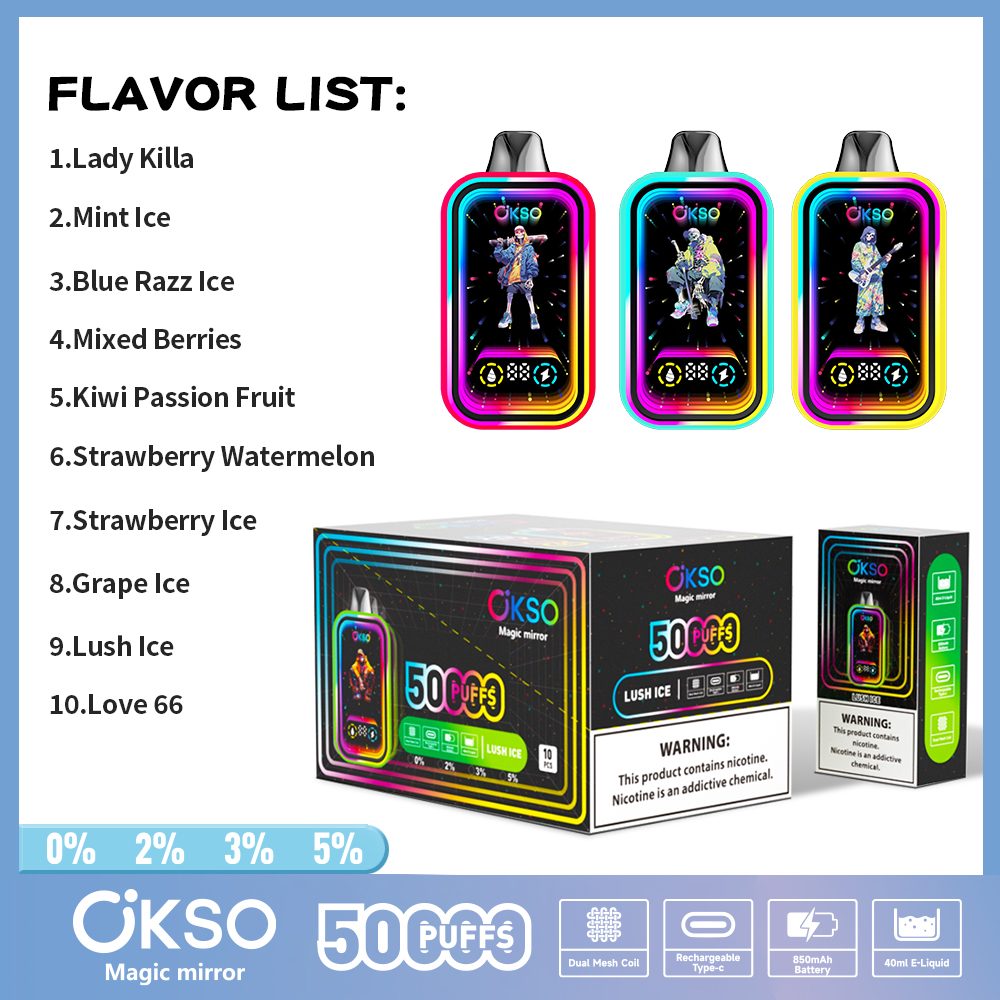 OKSO Magic Mirror 50000 Puffs | RGB LED, dual Mesh, LED Display, 40mL rechargeable bulk disposable vape - Image 32
