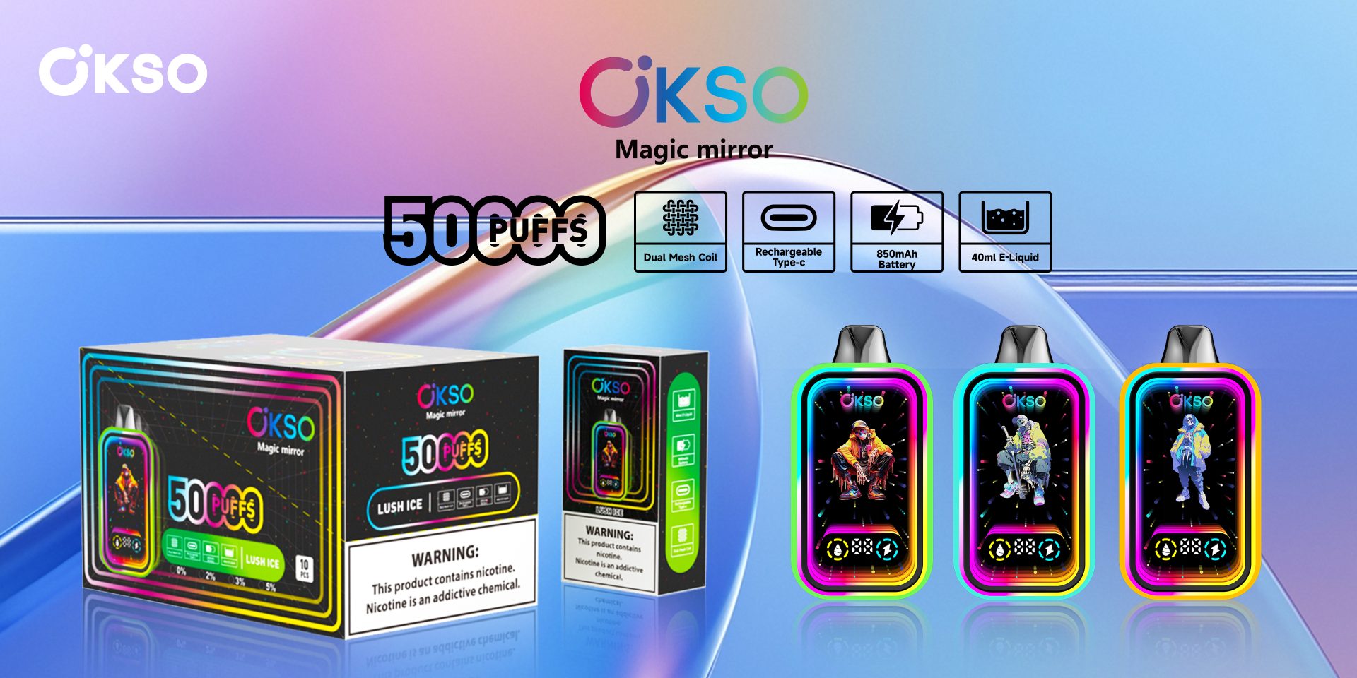 OKSO Magic Mirror 50000 Puffs | RGB LED, dual Mesh, LED Display, 40mL rechargeable bulk disposable vape - Image 16
