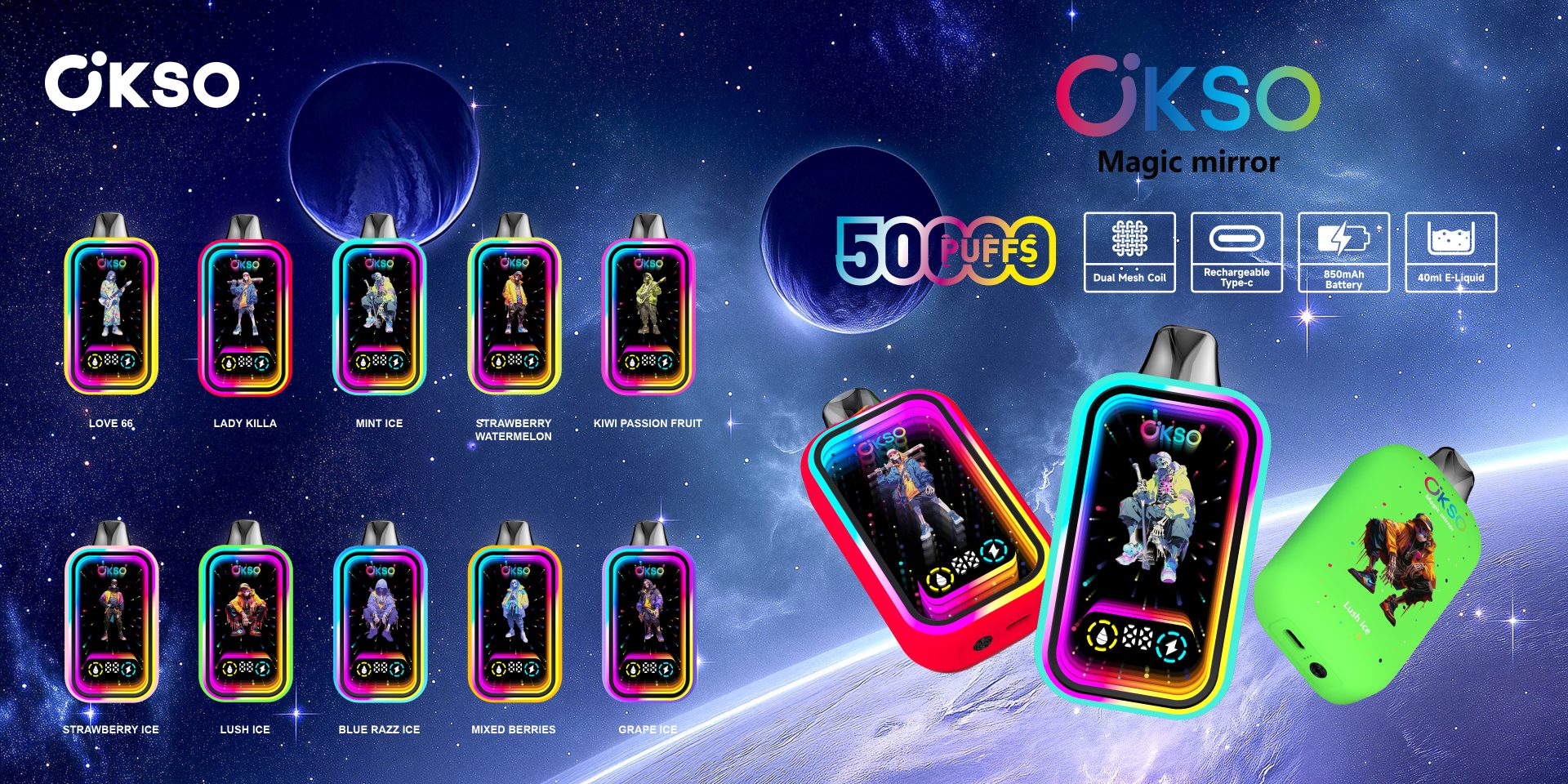 OKSO Magic Mirror 50000 Puffs | RGB LED, dual Mesh, LED Display, 40mL rechargeable bulk disposable vape - Image 15