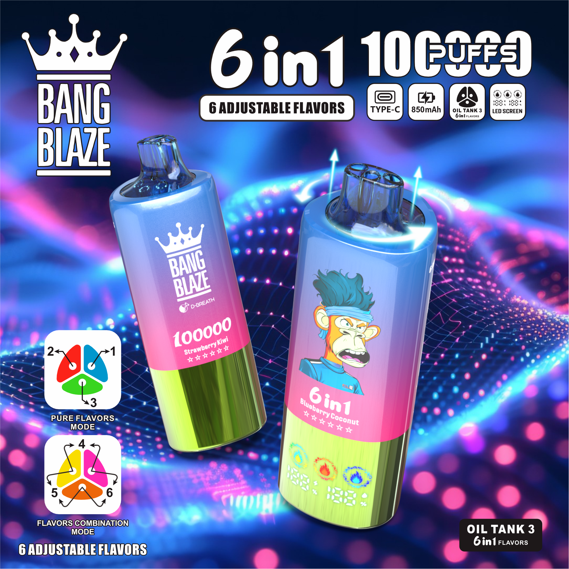 Bang Blaze 100K 6-in-1 100000 Puffs | triple tank bulk disposable vape with led screen - Image 2