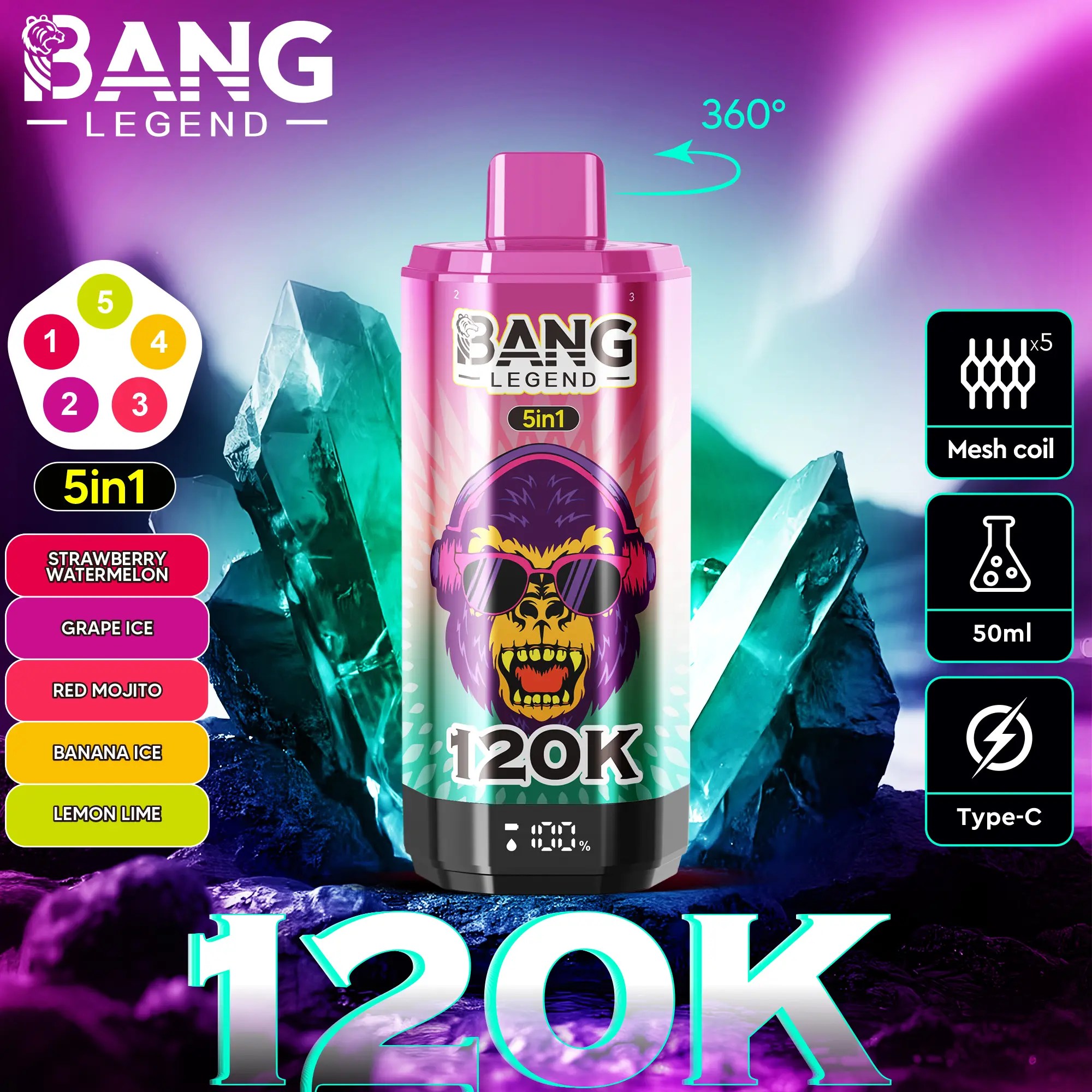 Bang Legend 120K | 120000 puffs, 5-in-1, multi-flavor, adjustable, bulk disposable vape - Image 3