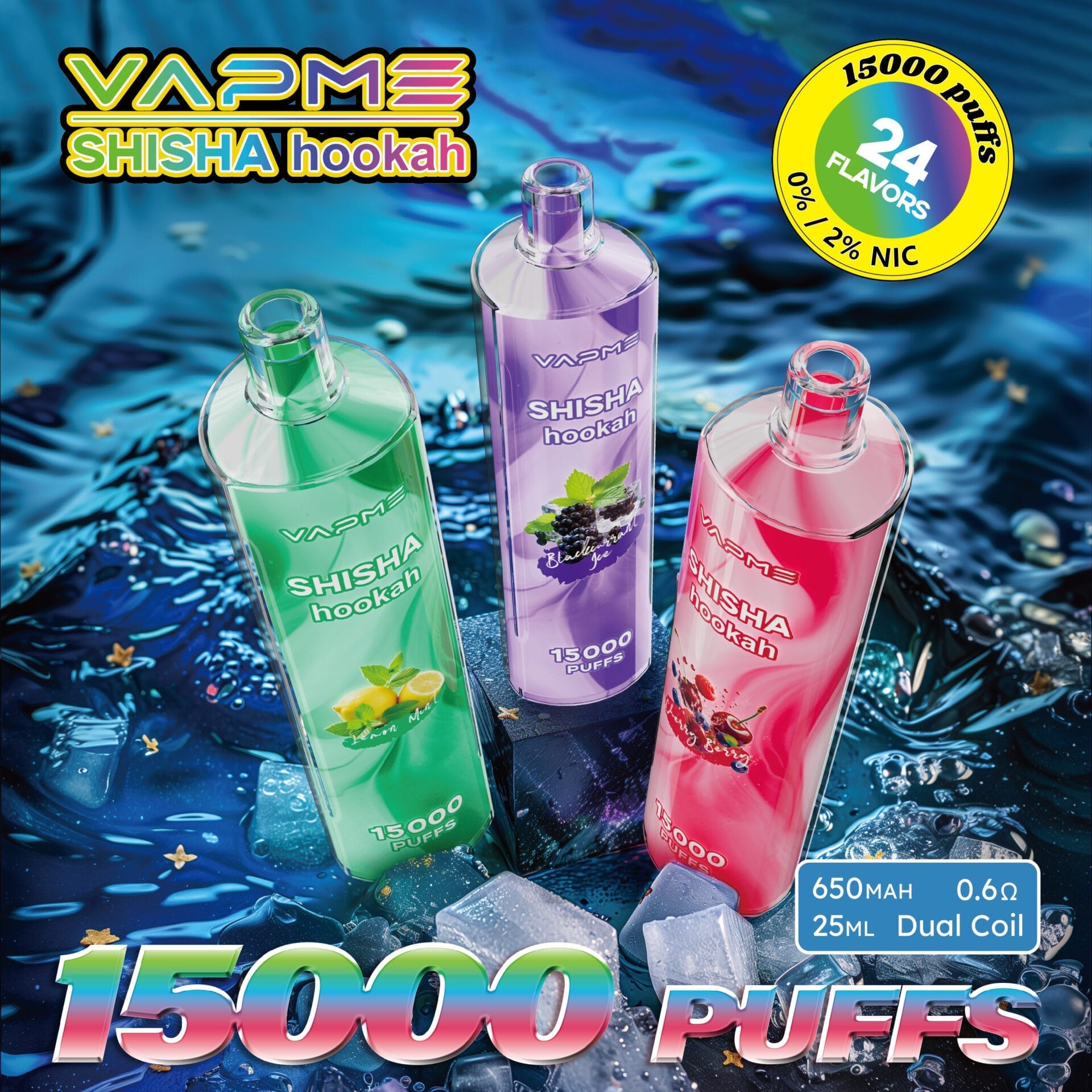 VAPME Shisha Hookah 15000 Puffs | 0%-2% nicotine, 25mL, 650mAh, bulk disposable vape