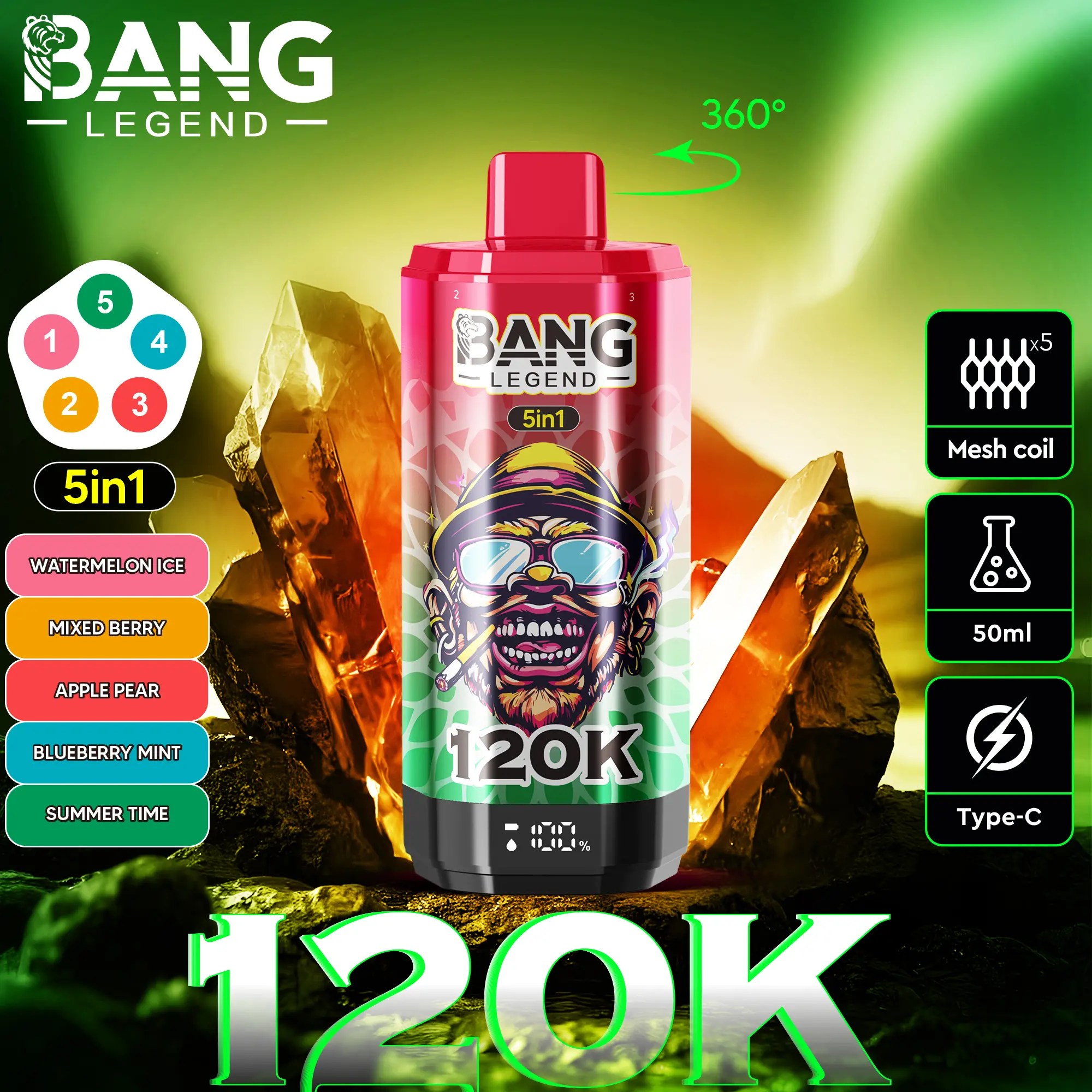 Bang Legend 120K | 120000 puffs, 5-in-1, multi-flavor, adjustable, bulk disposable vape - Image 2